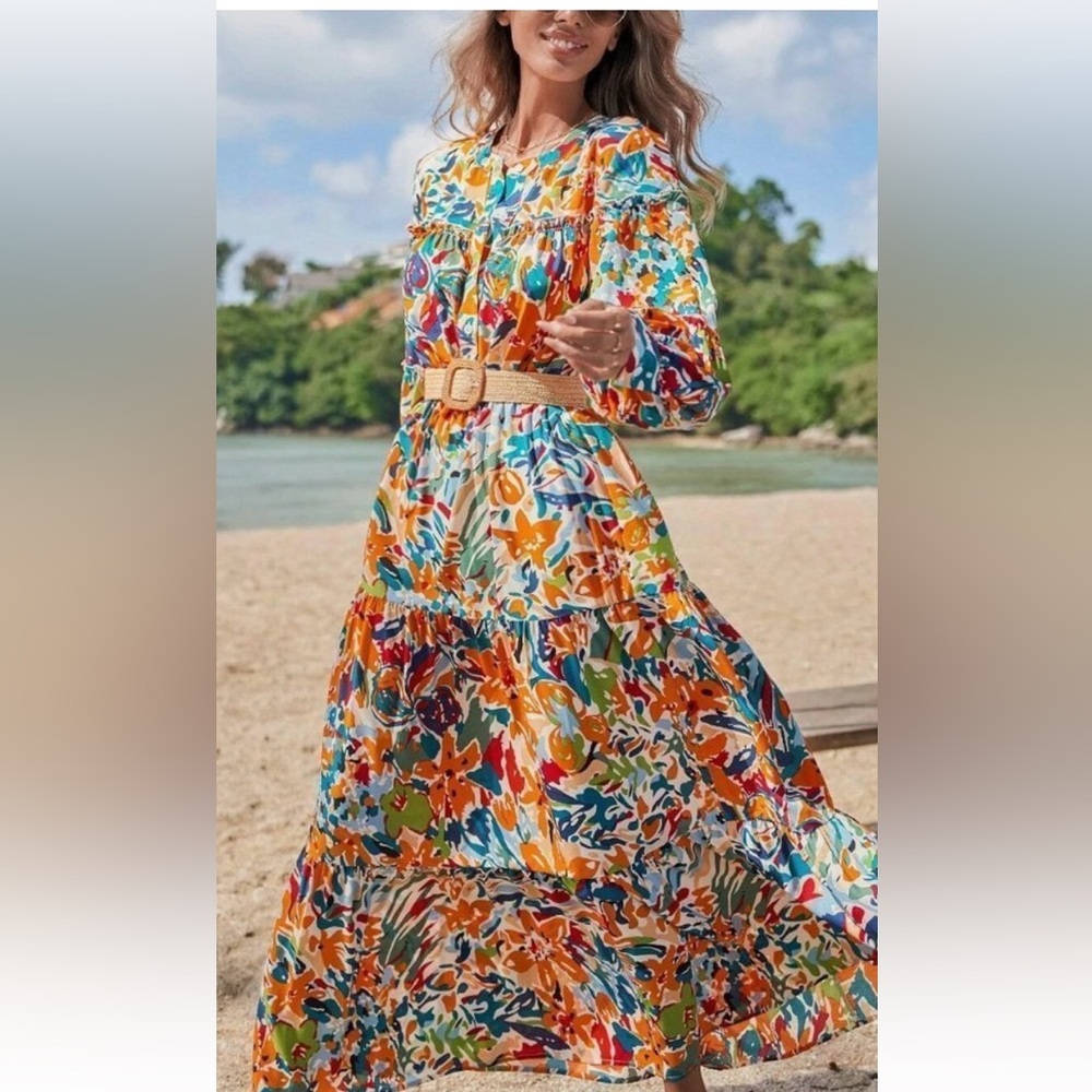 Boho Floral Print Lantern Sleeve Dress